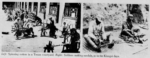 Left: Spinning cotton in a Yenan courtyard.
Right: Soldiers making sandals, as in the Kiangsi days.